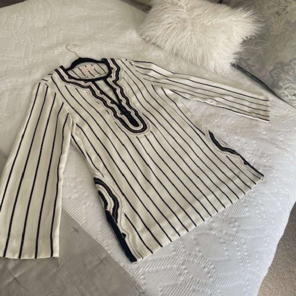 Tory Burch "FILIPA" Slub Embroidered Striped Tunic Women's Size 4  Ivory/Black